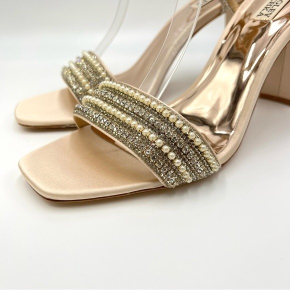 Badgley Mischka Size 11 Kari Soft Nude Satin Jeweled Block Open Toe Heels Shoes - Picture 5 of 12